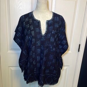 Navy Blue Boho Woven Poncho Tunic Shirt